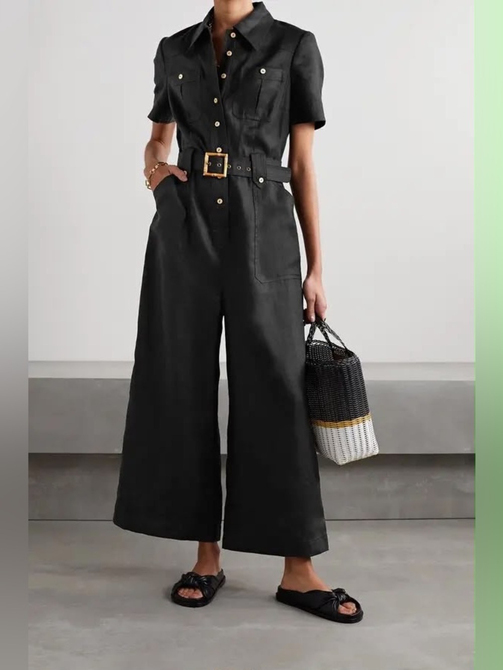 Zimmermann Black Short-Sleeve Utility Jumpsuit with Belt